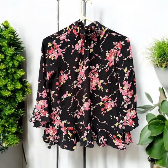By Timo Black Pink Floral Print Tie Bell Sleeve Blouse Top Oversized XS - Picture 1 of 2